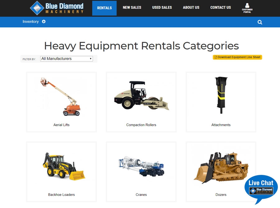heavy equipment rental website screen shot