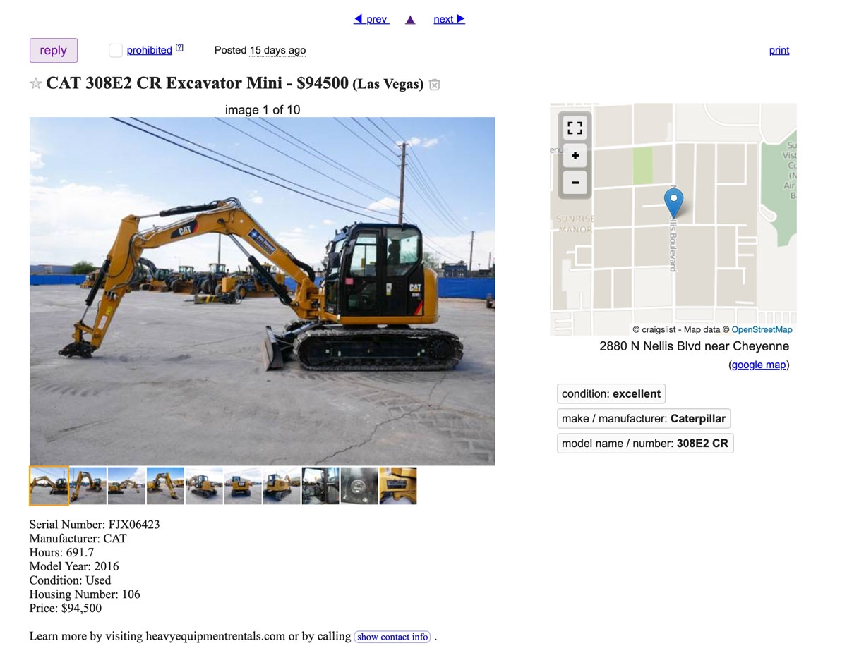 Heavy Equipment Listing on Craigslist