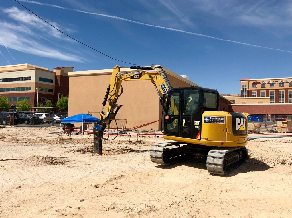 One of our CAT 308E Excavators with our Stanley MB05 Hammers on site outside Southern Hills Hospital.